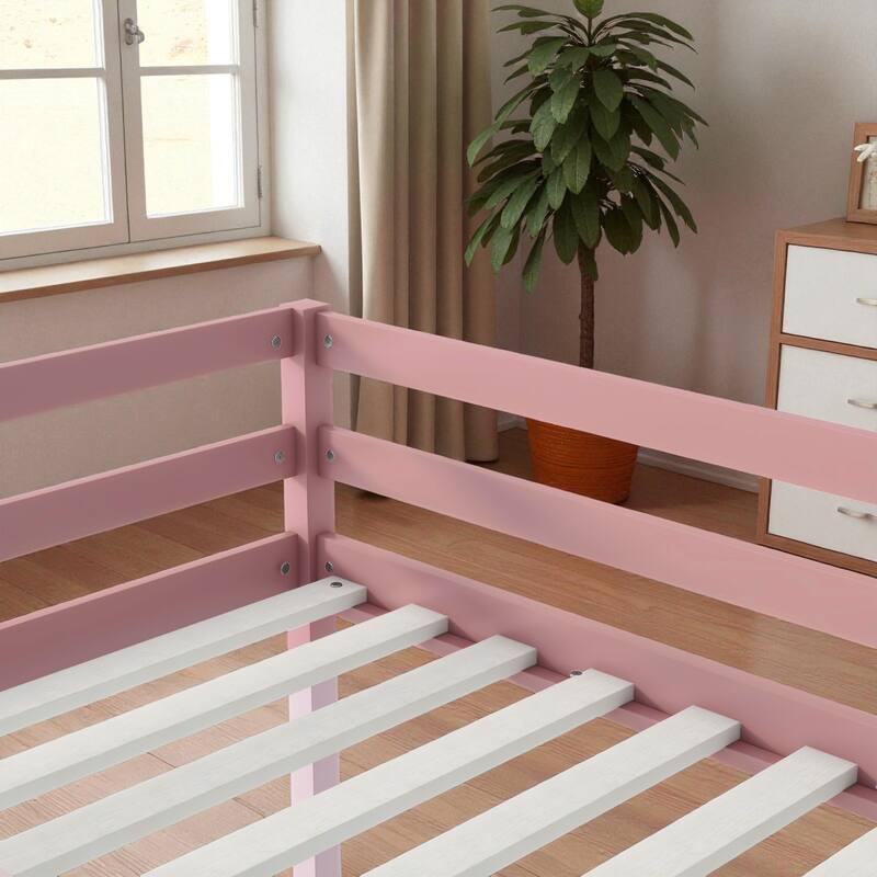 Solid Wood Twin Loft Bed with Ladder, Rubber Wood Frame Low Height Design with Guard Rails and Storage Space
