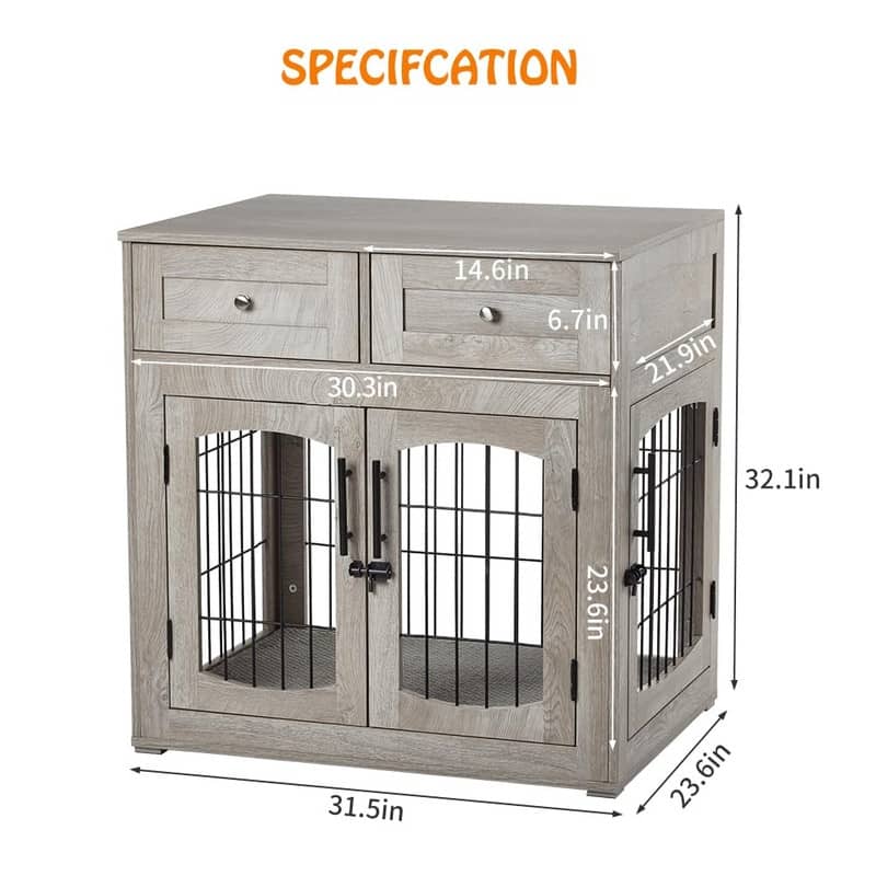 Wooden Dog Crate Furniture with Cushion 3Door Kennel End Table with2 Drawers