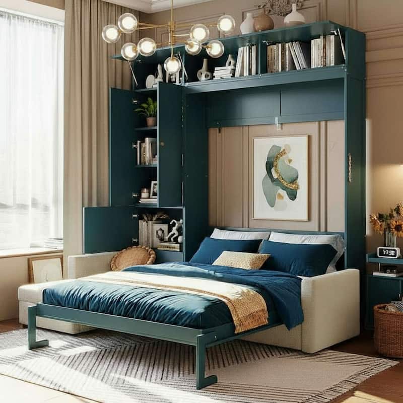 Queen-Size Convertible Murphy Wall Bed with Built-In L-Shaped Sofa & Storage Cabinet System by Harper&Bright Designs
