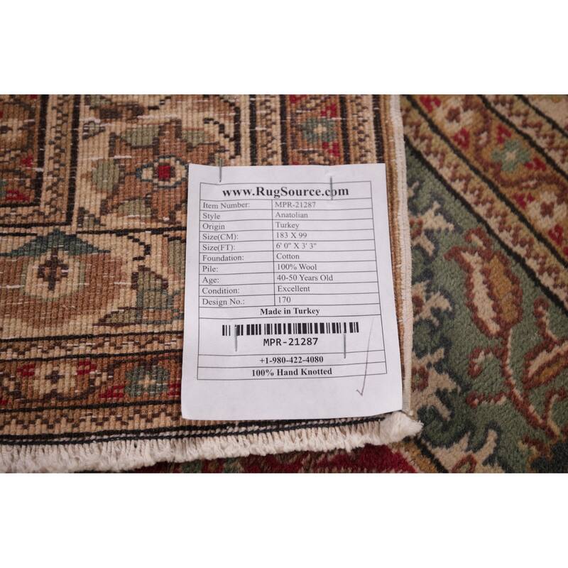 Green Anatolian Turkish Accent Rug Hand-Knotted Wool Carpet - 3'3" X 6'0"