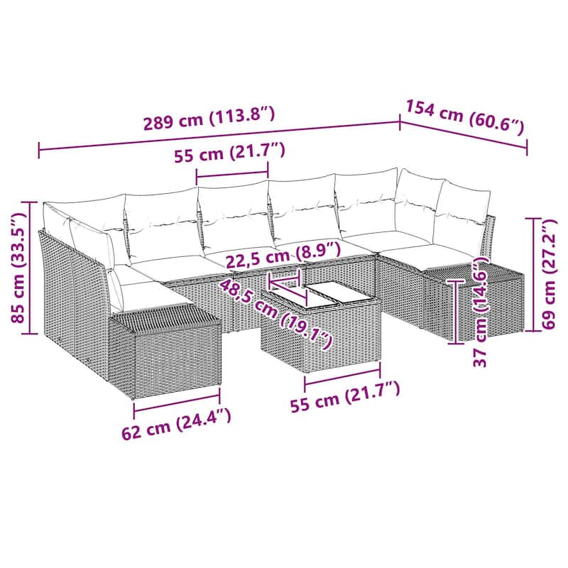 vidaXL 8 Piece Garden Sofa Set with Cushions - 113.8×60.6×27.2