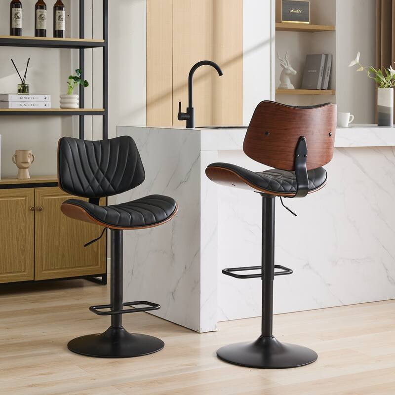 Bar Stools Mid Century Modern Adjustable Counter Height Black Leather Upholstered 360°Swivel Bar Chairs