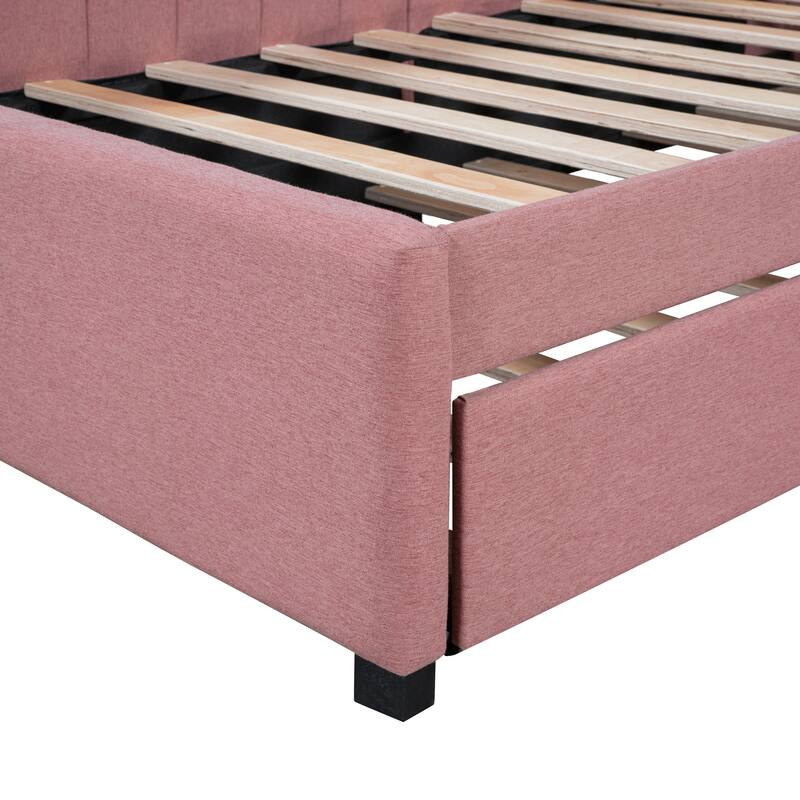 Twin Daybed Frame Linen Upholstered Sofa Bed L Shaped Backrest Mattress Holde Slat Support with Twin Size Trundle