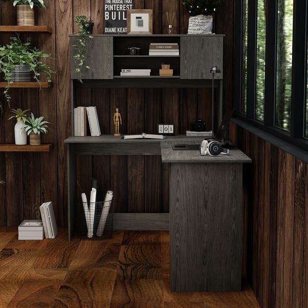 Spacious LShape Desk and Bookshelf Combo Wood Grain Home Office Desk