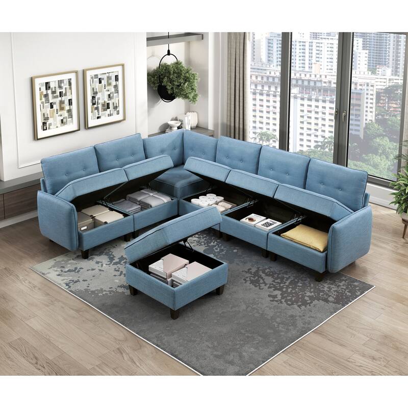 Living Room Furniture Storage Ottoman Blue Tufted Solid Wood Modern Comfort 1pc