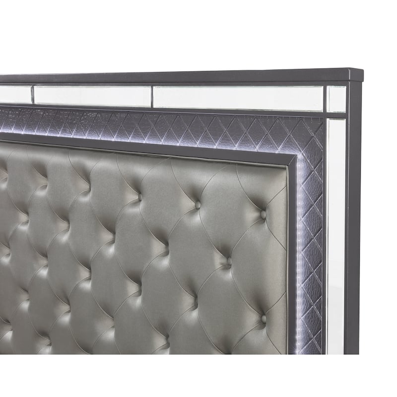 Ina Gray LED Faux Leather Upholstered Tufted Panel Bed
