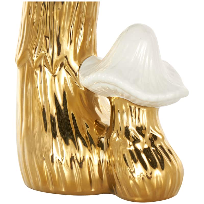 Gold or Silver Ceramic Mushroom Sculpture with White Tops and Textured Grooves