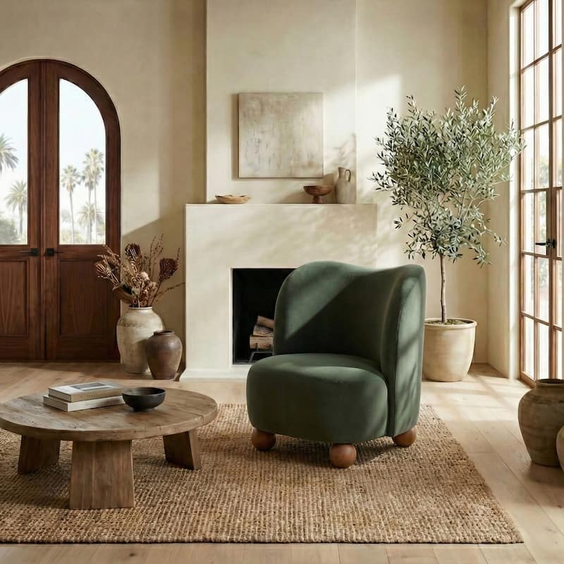 SAFAVIEH Couture Rodolfo Boucle Accent Chair - 28"W x 31"D x 31"H - Olive Green/Walnut