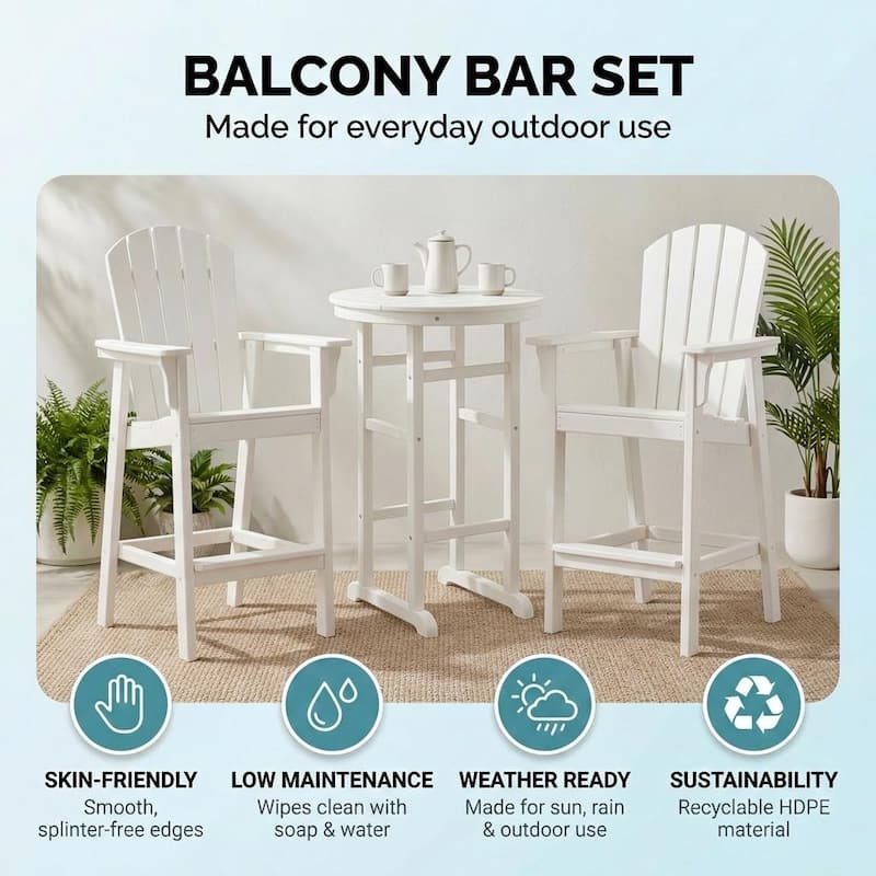 3-Piece HDPE Indoor/Outdoor Bar Set, 42.1" Round Bar Table with 2 Bar Stools, All-Weather Patio Bistro Set for Deck, Balcony