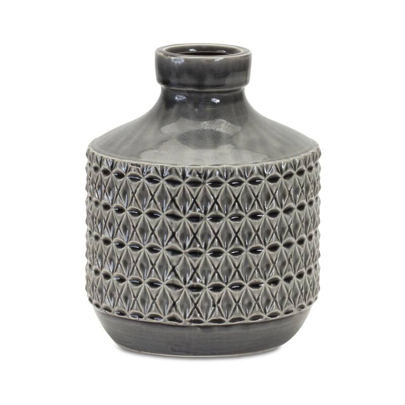 Grey Geometric Terracotta Bud Vase for Tabletop Decor - 10"