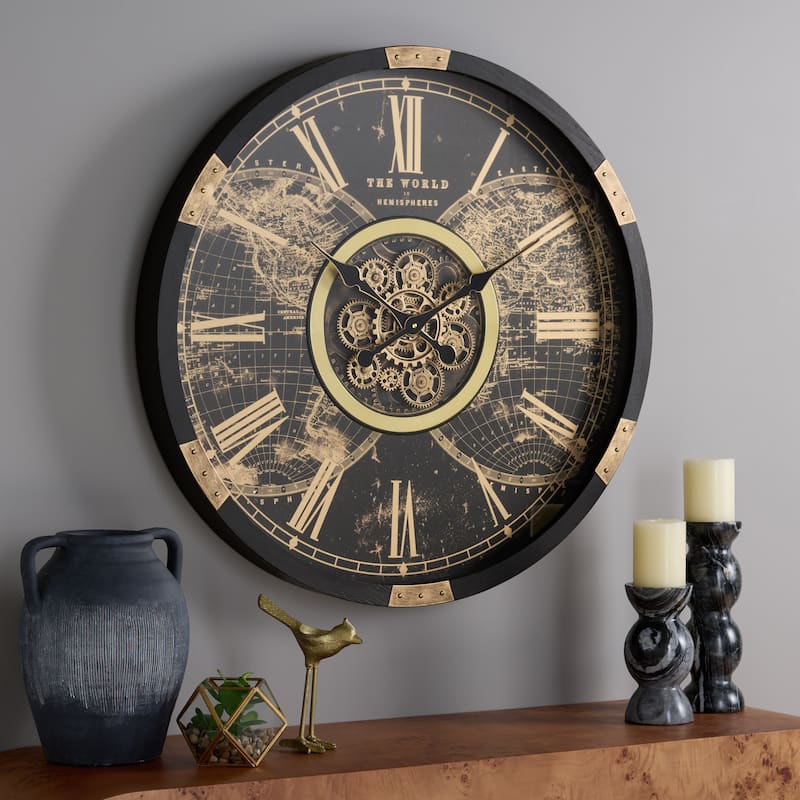 SEI Furniture Ephersyn World Gear Wall Clock - 32"W x 3"D x 32"H - Black/Gold