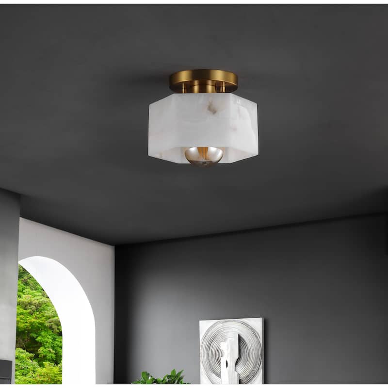 Celine 8" 1-Light Modern Contemporary Alabaster/Iron Hexagonal LED Semi Flush Mount, White Marbling/Brass Gold by JONATHAN Y