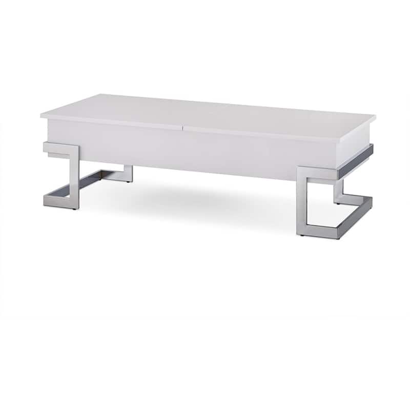 47-Inch White and Silver Lift Top Coffee Table with Metal Sled Base - 47” x 20” x 14” - White