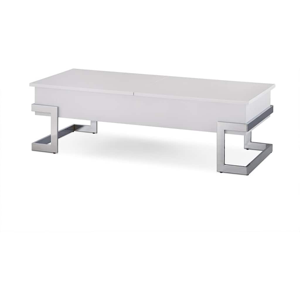 47-Inch White and Silver Lift Top Coffee Table with Metal Sled Base - 47” x 20” x 14”