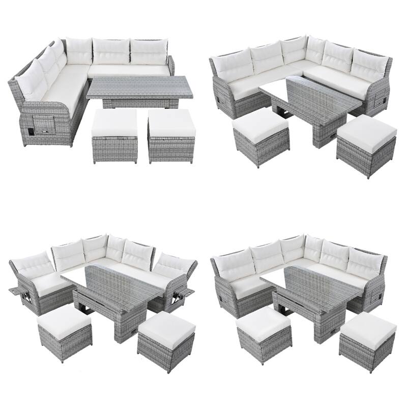 Outdoor Rattan Furniture Set with Extendable Table and Two Ottomans