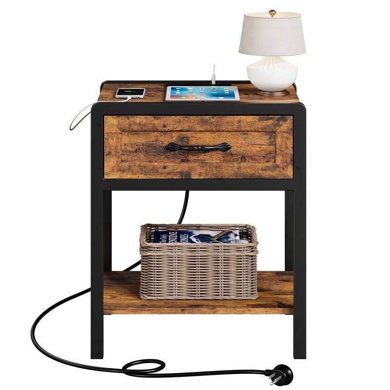 Round corner steel and wood bedside table - Brown