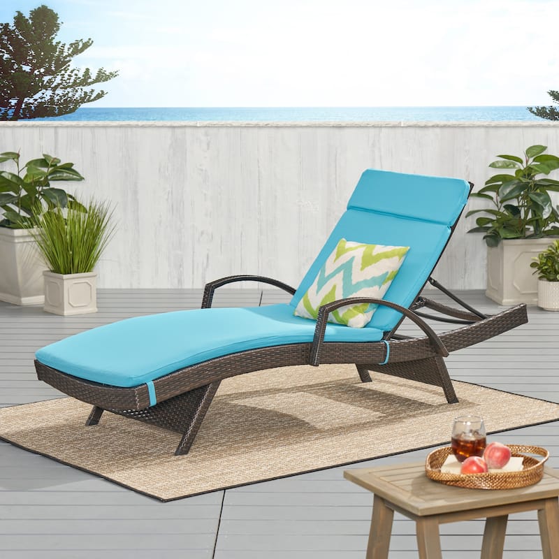 Toscana Outdoor Wicker Armed Cushioned Chaise Lounge by Christopher Knight Home - Brown/Blue Cushion