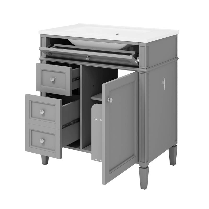 Bathroom Vanity Cabinet with Door Rack, Drawers of Different Sizes, Metal Textured Knobs, Roman Leg Design and Adjustable Shelf