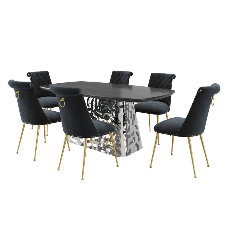 7-Piece Clihome Modern Stainless Steel Table Velvet Chair Dining Set