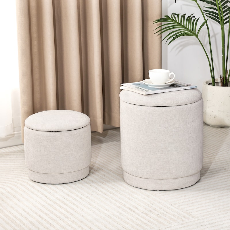 Adeco 2-Piece Round Fabric Storage Ottoman Set with Removable Lids