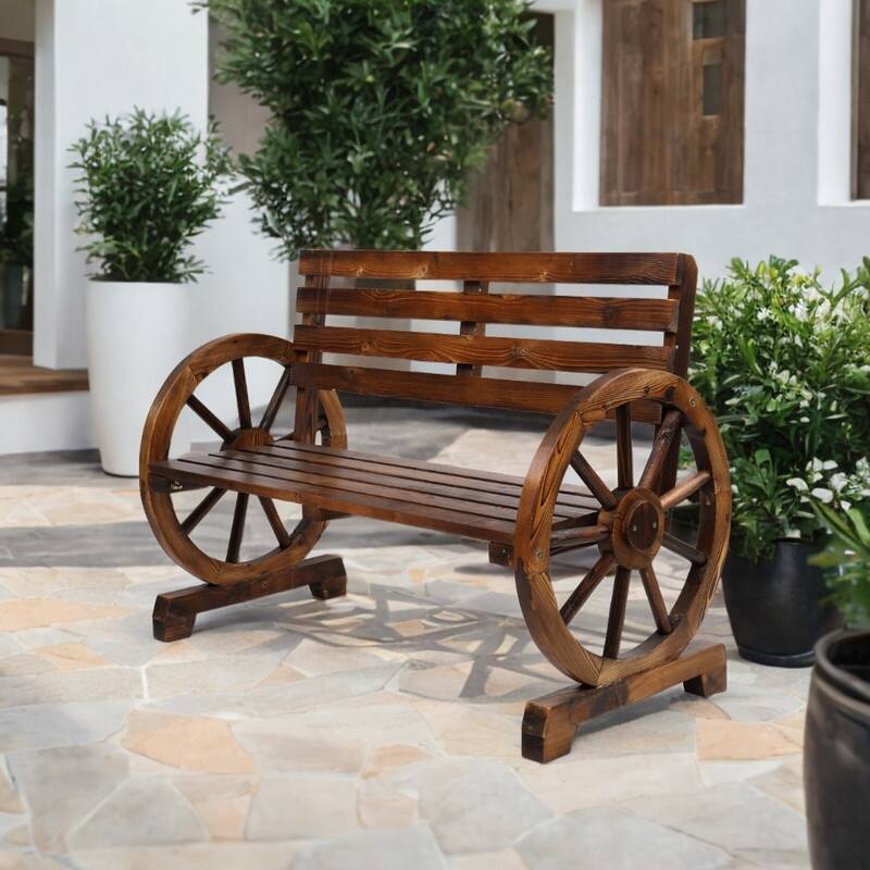 Outdoor Wooden Wagon Wheel Bench with Slatted Seat and Backrest