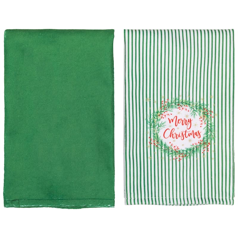 Solid and Striped Merry Christmas Kitchen Tea Towels - 26" - Set of 2