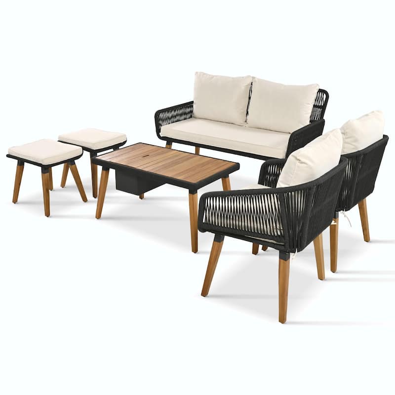 6-Piece Rope Patio Furniture Set with Acacia Wood Cool Bar Table