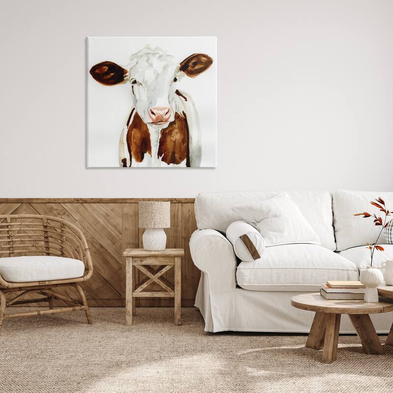 Stupell Farm Cow Portrait Neutral Watercolor Brown Tan Canvas Wall Art