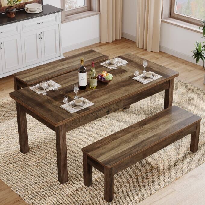 55-Inch Farmhouse Kitchen Table Set, Wood Dining Table with 2 Benches
