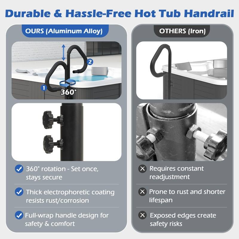 Domi Hot Tub Handrail, Aluminum Spa Hand Rail with 44"-60" Adjustable Height & 360° Swivel, Safety Side Handrails