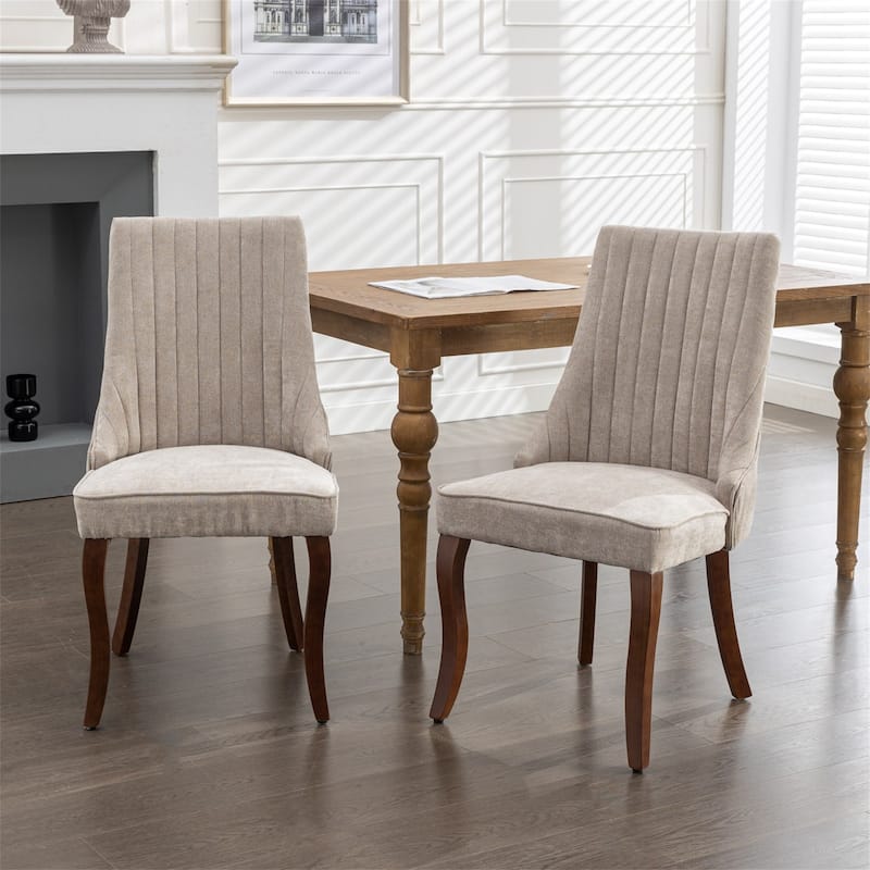 Linen Dining Chairs with Curved Solid Wood Legs (Set of 2)