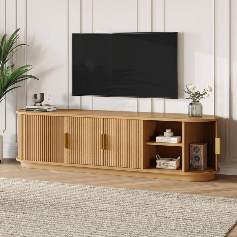 Farmhouse TV Stand with Sliding Tambour Door for 75-Inch TVs, Fluted Media Console with Adjustable Shelves and Golden Handles