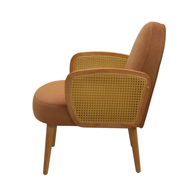 Mid-century Accent Chair with Rattan Armrests&Wooden Legs, for Living Room Reading Bedroom Balcony, Brown