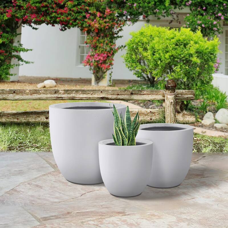 Plantara 18", 14", & 10" D Round Solid White Concrete planter (Set of 3), Outdoor Flower pot, Modern Planter pot for Garden
