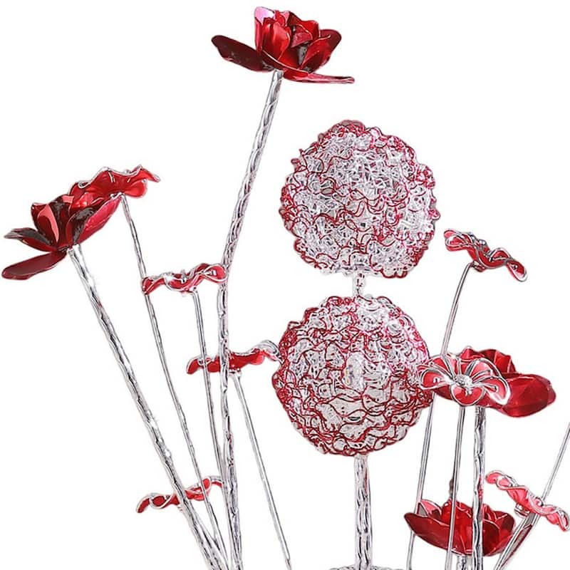 Silver and Clear Acrylic Fan Shaped Table Lamp with Red Floral Design - 9.25” x 4.5” x 21.5” (D x W x H)