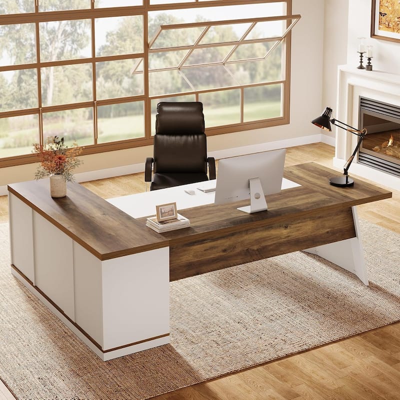 Modern 78.7" L-Shaped Executive Desk with 55.1" Storage Cabinet, Office Desk Large Computer Table