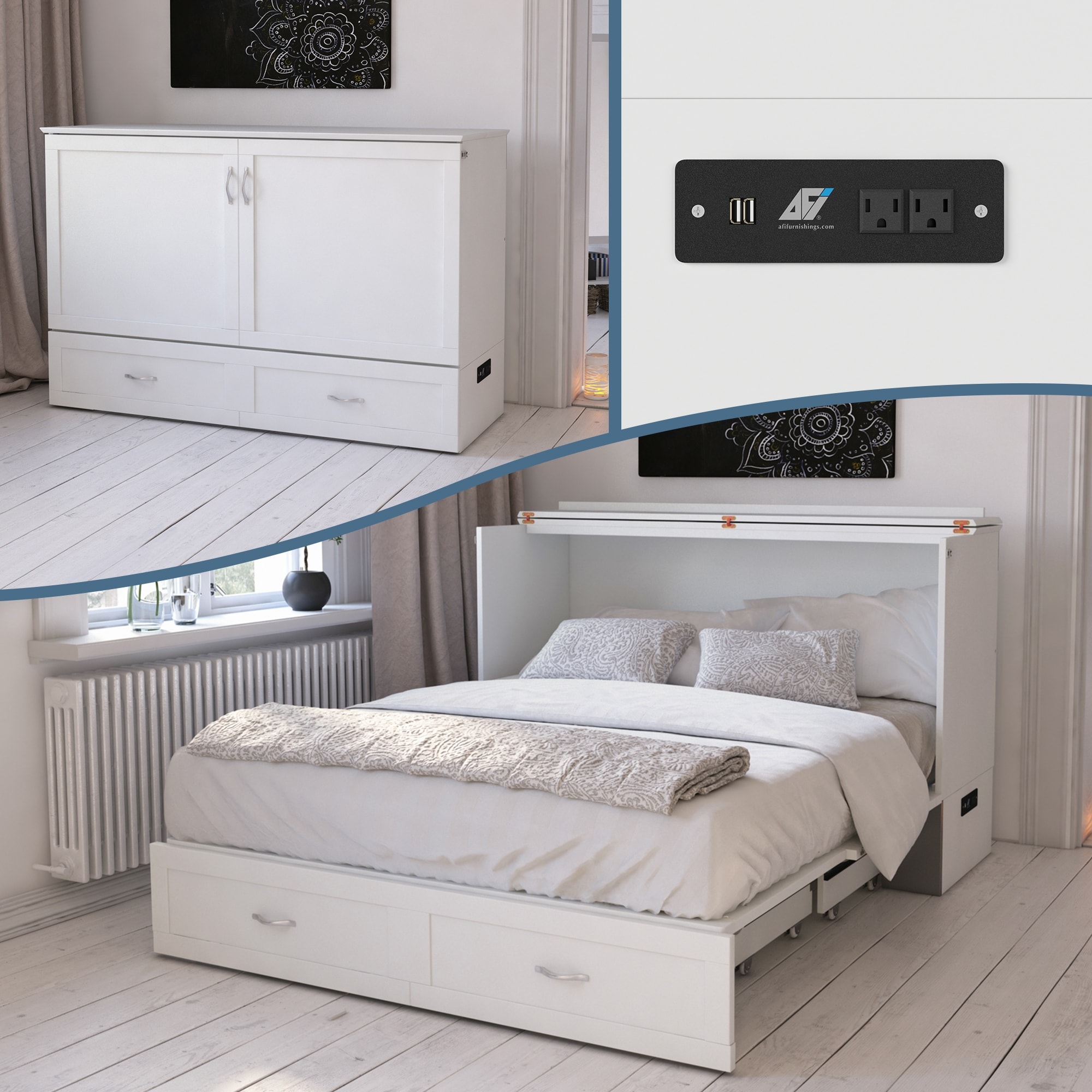 Hamilton Queen Murphy Bed Chest with 6" Mattress, Storage Drawer & Built-In Charger in White