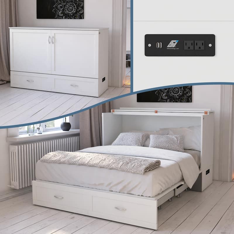 Hamilton Queen Murphy Bed Chest with 6" Mattress, Storage Drawer & Built-In Charger in White