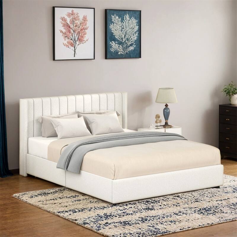 2-Drawers Storage Bed Queen Size Ivory Boucle Upholstered Platform Bed