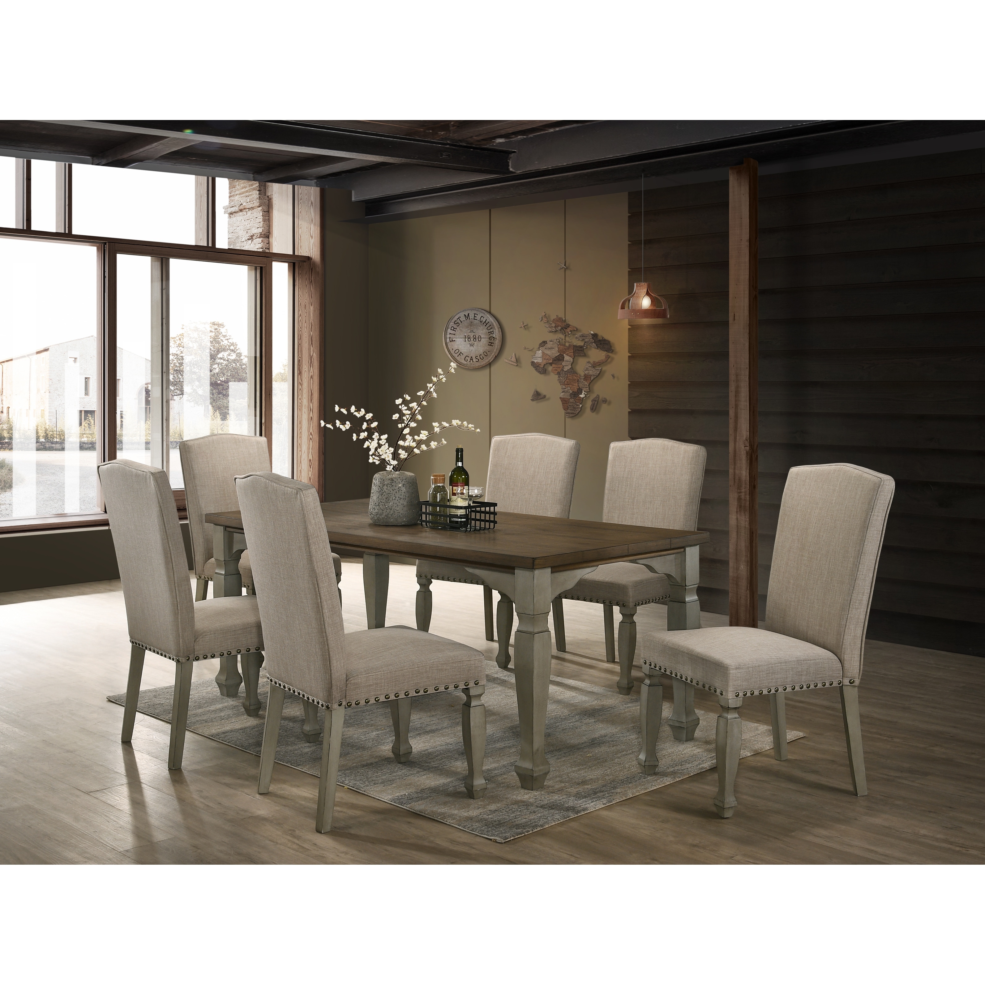 Roundhill biony espresso wood dining deals set with tan fabric nailhead chairs