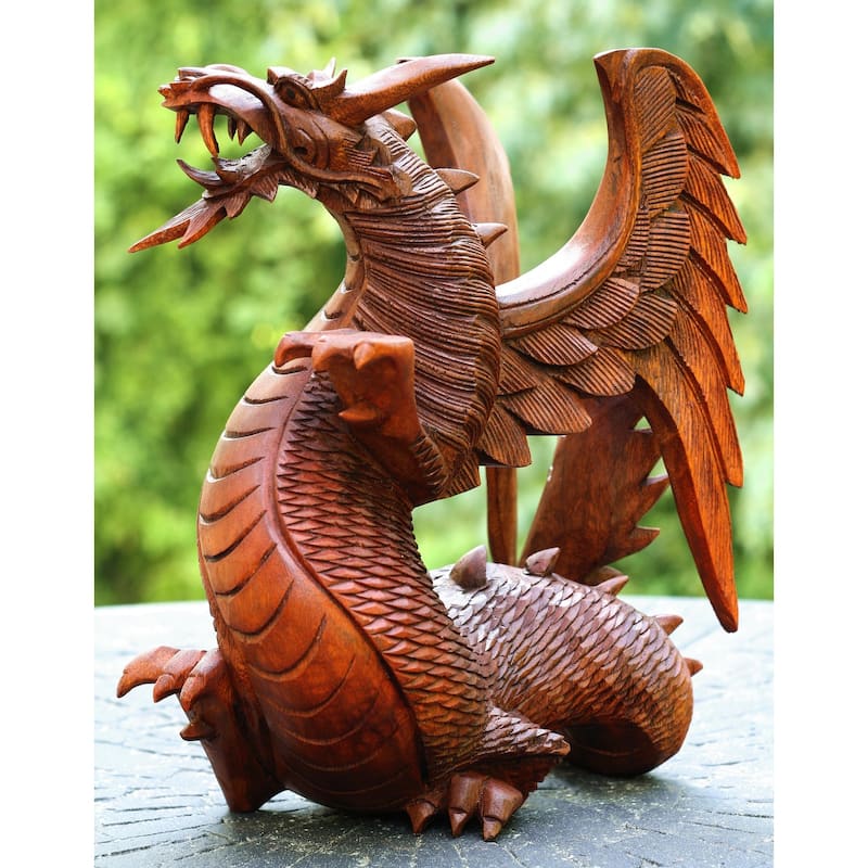 Wooden Dragon Handmade Sculpture Statue Handcrafted Gift Art Decorative Home Decor Figurine Accent Decoration Artwork Hand - 8" tall x 7" wide x 4.5" deep
