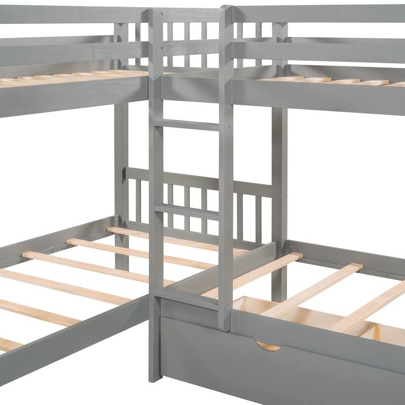 Twin Over Twin L-Shaped Bunk Bed with Drawers, Durable Pine Frame for Kids and Guests