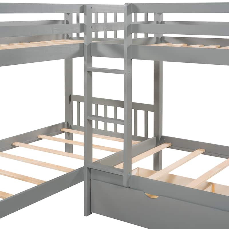 Twin over Twin Wooden Bunk Bed with Drawers, Solid Pinewood Twin Size L Shaped Bunk Bed Frame with Full-Length Guardrail