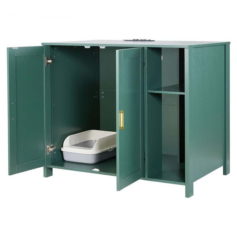 Dark Green P2 Particle Board Cat Litter Cabinet with Drawer and Power - 41.34 × 26.77 × 34.84 inch