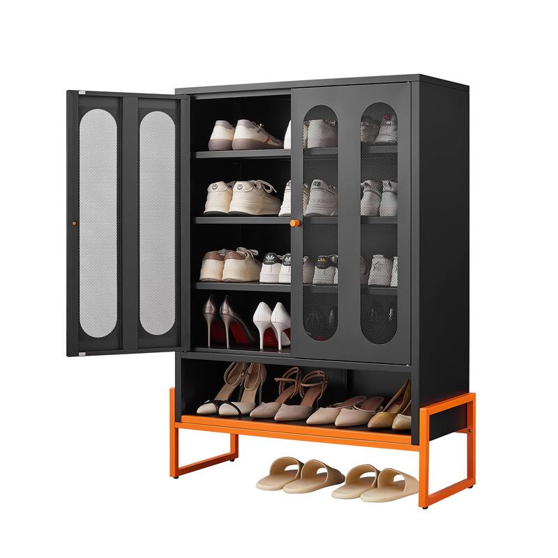 5.9"H Foot Double-Sided Door Shoe Cabinet With Movable Double-Layer Partitions And Hollow Base Moisture-Proof And Seismic Design - Black