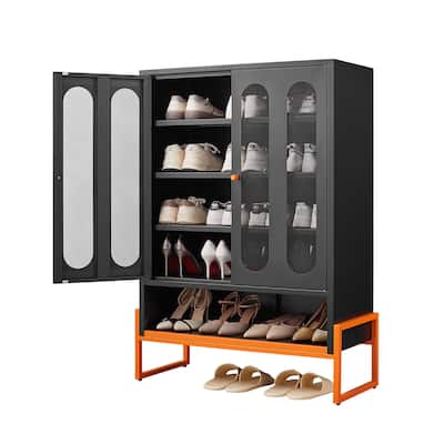 Shoe Cabinet with Adjustable Shelves, Breathable Accent Cabinet with Grille Doors, Under-Door Storage
