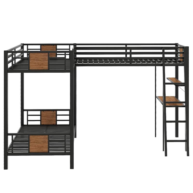 L-Shaped Twin over Twin Bunk Bed with Loft Bed, Desk, and Shelf, Brown