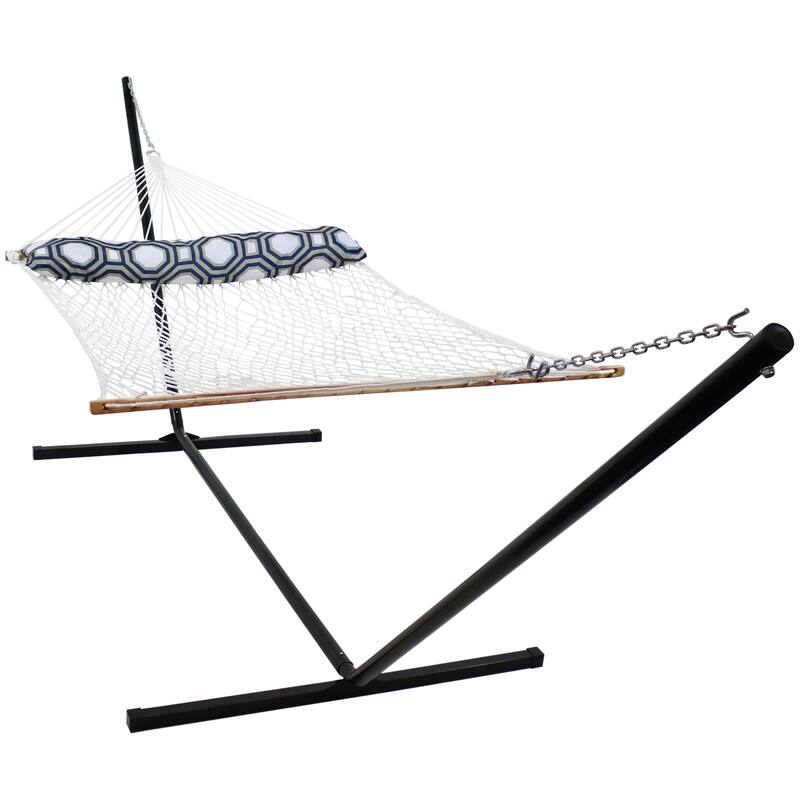 Sunnydaze 2-Person Polyester Spreader Bar Rope Hammock with 15-Foot Stand - 15-Foot - Blue