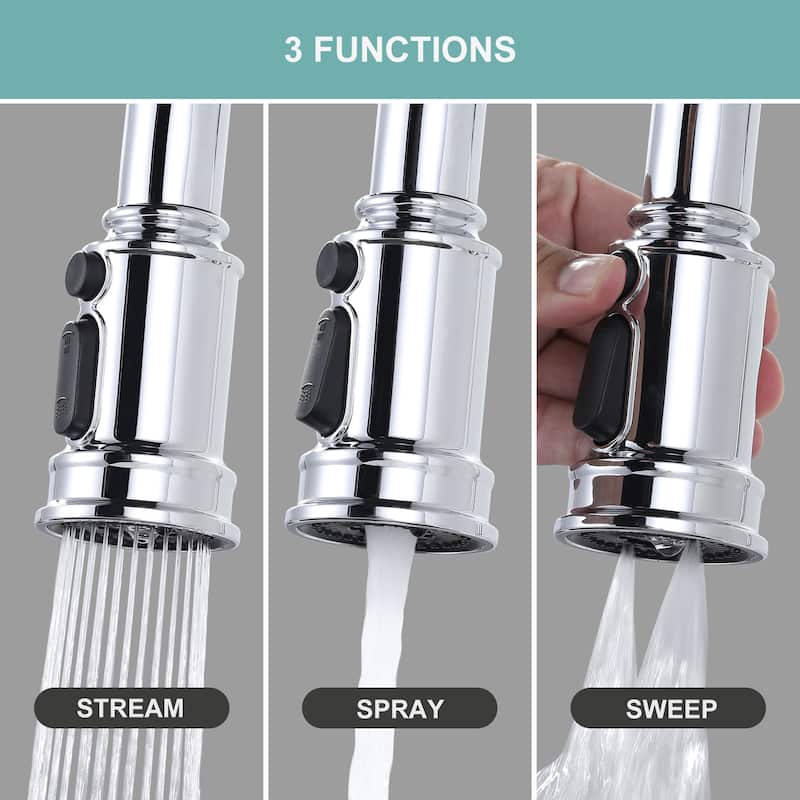 WOWOW Double Handle Bridge Kitchen Faucet with Advanced Spray