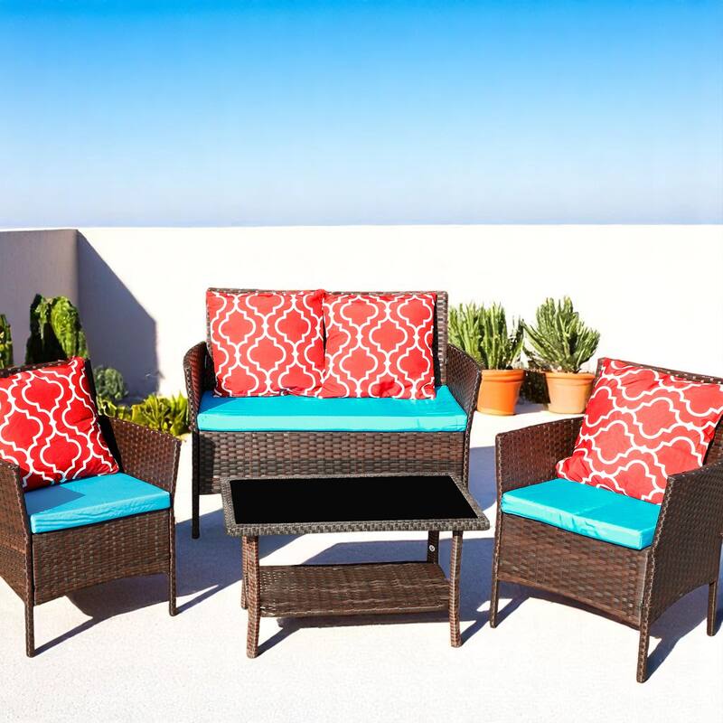 Outdoor Rattan Wicker Patio Furniture Set with Coffee Table,Loveseat & Chairs - patio Conversation Set for Garden,Porch,Balcony - Brown